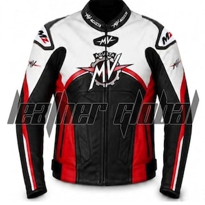 May include: A motorcycle jacket in white, black, and red featuring the MV Agusta logo on the chest, shoulders, and collar. The jacket has a central zip, long sleeves with black and red panels, and a high collar with the MV Agusta brand name.