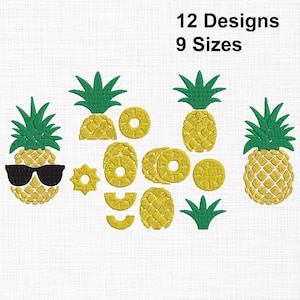 Puede incluir: Diseños de piñas bordadas en amarillo y verde, incluyendo una piña con gafas de sol. La imagen incluye el texto "12 Designs 9 Sizes". Estos diseños son probablemente para proyectos de manualidades o bordado.
