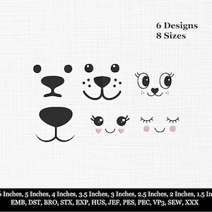 Peut inclure: Une collection de cinq motifs de visages d'animaux brodés en noir et rose avec des yeux, des nez et des bouches. Le texte 6 Designs 8 Sizes figure en haut, et le texte 6 Inches, 5 Inches, 4 Inches, 3.5 Inches, 3 Inches, 2.5 Inches, 2 Inches, 1.5 Inches, EMB, DST, BRO, STX, EXP, HUS, JEF, PES, PEC, VP3, SEW, XXX figure en bas.