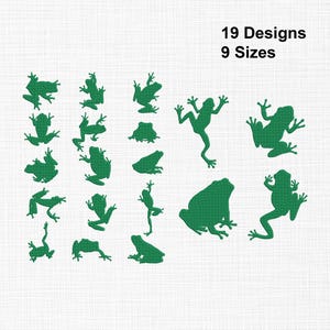 May include: A collection of 19 green frog silhouettes in various poses and 9 sizes, arranged in a grid pattern. The text 19 Designs and 9 Sizes is printed in black in the upper right corner against a white background with a subtle fabric texture.