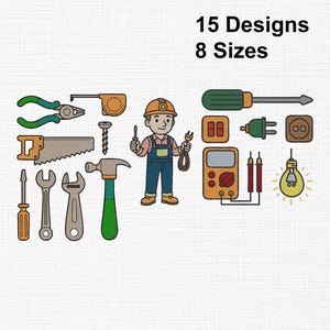 May include: An illustration featuring various tools and a cartoon electrician. Tools include pliers, a tape measure, a saw, a screwdriver, wrenches, a hammer, and a multimeter. The text reads "15 Designs 8 Sizes."