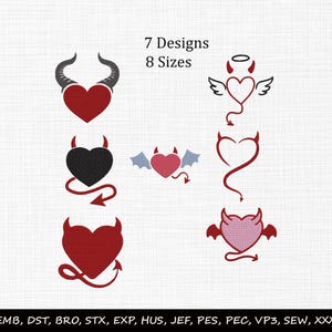 May include: A collection of seven digital embroidery designs featuring heart shapes with devil horns, wings, halos, and tails. The text 7 Designs 8 Sizes appears at the top, and the file formats EMB, DST, BRO, STX, EXP, HUS, JEF, PES, PEC, VP3, SEW, XXX are listed at the bottom.
