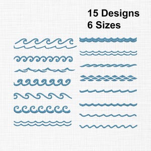 Op de afbeelding: De afbeelding toont 15 verschillende blauwe golfontwerpen in 6 maten. De ontwerpen variëren van eenvoudige lijnen tot complexere, krullende golfpatronen. De tekst "15 Designs 6 Sizes" staat bovenaan de afbeelding.