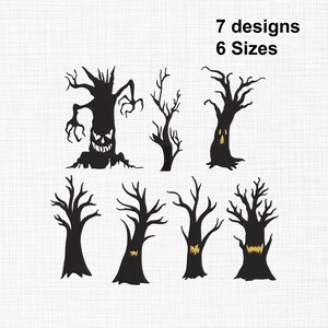 May include: A collection of seven black silhouette tree designs, including several with carved facial features like eyes and mouths in yellow. The text 7 designs and 6 Sizes is printed in black in the upper right corner of the image.