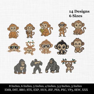 Puede incluir: Una colección de 14 diseños de bordado con varios monos y gorilas de dibujos animados en diferentes poses, algunos con gafas. El texto dice 14 Designs, 6 Sizes, y 8 Inches, 6 Inches, 5 Inches, 4 Inches, 3.5 Inches, 3 Inches, EMB, DST, BRO, STX, EXP, HUS, JEF, PES, PEC, VP3, SEW, XXX.