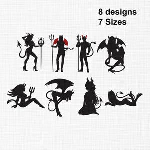 Peut inclure: Une collection de huit silhouettes noires représentant divers personnages diaboliques avec des cornes, des queues et des tridents, dont certains avec des accents rouges. Le texte 8 designs and 7 Sizes apparaît en haut à droite.