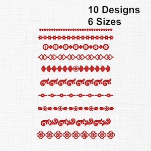 Może przedstawiać: Dziesięć czerwonych dekoracyjnych wzorów obramowań w różnych wzorach jest wyświetlanych pionowo na białym tle. Tekst "10 Designs 6 Sizes" znajduje się u góry. Obramowania obejmują kształty geometryczne i motywy kwiatowe.