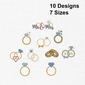 May include: A collection of ten wedding ring designs in gold, with diamond accents. The rings are in various styles, including single rings, double rings, and rings with bow ties. Text at the top reads "10 Designs 7 Sizes".