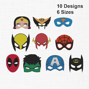 Puede incluir: Una colección de 10 diseños de máscaras de superhéroes bordadas en 6 tamaños. Las máscaras presentan varios colores y motivos icónicos de personajes, incluyendo patrones en rojo, amarillo, azul, verde y negro. El texto 10 Designs 6 Sizes es visible.