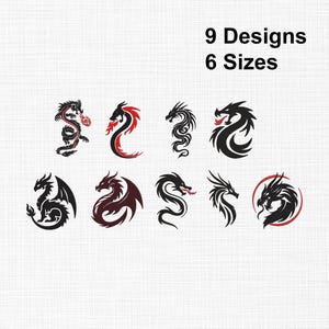 May include: Nine dragon designs in black, red, and maroon are displayed. The dragons vary in style, some with wings or flames. Text at the top reads "9 Designs" and "6 Sizes". The dragons are on a white background.