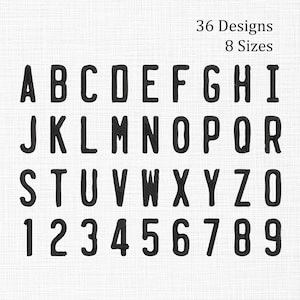 Peut inclure: Un affichage numérique de l'alphabet de A à Z et des chiffres de 0 à 9 dans une police noire sans empattement. Le texte "36 Designs 8 Sizes" est placé dans le coin supérieur droit. Les caractères sont disposés sur quatre lignes sur fond blanc.