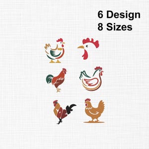 Puede incluir: Seis diseños diferentes de gallos y gallinas en varios colores, incluyendo rojo, marrón y dorado. La imagen también incluye el texto "6 Design 8 Sizes."