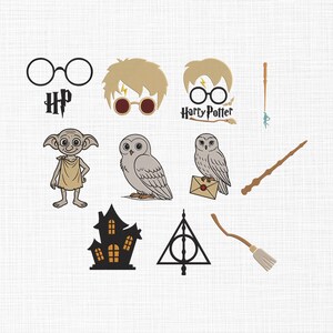 Op de afbeelding: Een verzameling grafische iconen in Harry Potter-thema, waaronder een ronde bril, het HP-logo, een personage met warrig haar, een huiself, twee uilen, een toverstaf, een bezemsteel, een zwart silhouet van een kasteel en het symbool van de Relieken.
