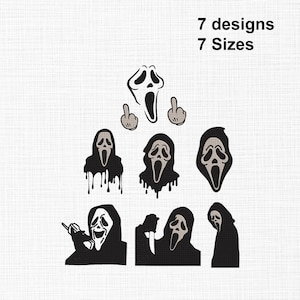 Puede incluir: Una colección de siete diseños de bordado digital en blanco y negro que muestran la máscara de Ghostface en varias poses, incluyendo una con manos haciendo el gesto de dedo medio, una con un cuchillo y otra con un teléfono. Texto: 7 designs 7 Sizes.