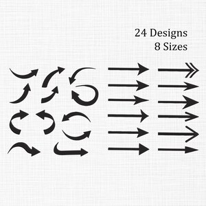 May include: A collection of 24 black arrow designs in 8 sizes, featuring various curved, straight, and pointed styles arranged in a grid. The text 24 Designs 8 Sizes is printed in black in the upper right corner against a white background.