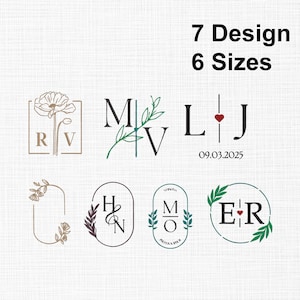 Pode incluir: Uma coleção de sete designs de monogramas com elementos florais e geométricos, incluindo as letras RV, MV, LJ, HN, MO e ER. O texto 7 Design 6 Sizes aparece no topo. Os designs incorporam linhas finas, ilustrações botânicas e pequenos corações vermelhos.