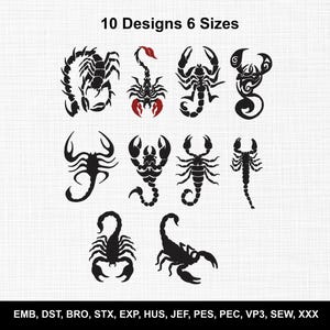 Pode incluir: Uma coleção de 10 desenhos de bordado de escorpião em 6 tamanhos, com silhuetas pretas e um desenho com detalhes em vermelho. O texto 10 Designs 6 Sizes aparece no topo, e os formatos de arquivo EMB, DST, BRO, STX, EXP, HUS, JEF, PES, PEC, VP3, SEW, XXX estão listados abaixo.