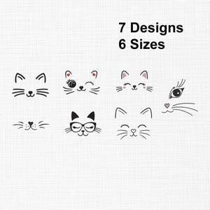 Pode incluir: Um fundo branco exibe sete designs diferentes de rostos de gato em preto, com várias expressões. O texto "7 Designs 6 Sizes" está acima dos rostos de gato. Cada design apresenta diferentes formas de orelhas, olhos e bigodes.