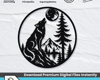 Wolf & Full Moon Metal Wall Art Vector SVG, Animal DXF Laser Cut File