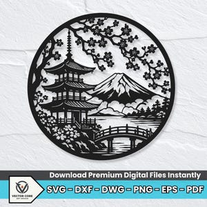 May include: A circular black laser-cut design featuring a multi-tiered pagoda, a snow-capped mountain, a curved bridge over water, and cherry blossom branches. The text below reads: Download Premium Digital Files Instantly SVG - DXF - DWG - PNG - EPS - PDF.