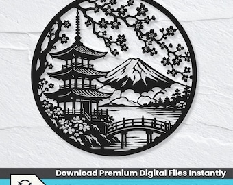 Japansk pagod SVG, berget Fuji metallväggkonst DXF, Sakura körsbärsblom vektordesign