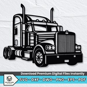 Peut inclure: Une silhouette graphique noire d'un semi-remorque avec une calandre détaillée, deux cheminées d'échappement et de grandes roues. Le design inclut le texte Download Premium Digital Files Instantly suivi de SVG, DXF, DWG, PNG, EPS, PDF.