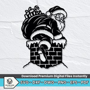 May include: A black and white graphic illustration of Santa Claus climbing down a brick chimney. Santa is wearing a traditional suit with a fur-trimmed hat and coat, carrying a large sack filled with gifts and a candy cane on his back.