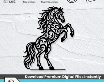Horse SVG for CNC Plasma, Rearing Animal Metal Wall Art DXF, Ornamental Tribal Laser Cut File, Vintage Glowforge Vector Stallion Design