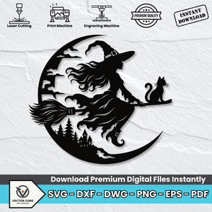 May include: A black digital vector graphic featuring a silhouette of a witch wearing a pointed hat and riding a broomstick in front of a crescent moon. A small cat sits on the broom handle, with silhouettes of pine trees and a castle below.