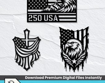 Patriotiska amerikanska flaggor Eagle Cross metallväggkonst DXF SVG-paket (digital nedladdning)
