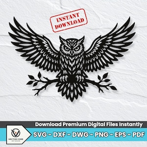 May include: A black graphic illustration of an owl with wings spread wide, perched on a branch. The image includes the red text INSTANT DOWNLOAD and a bottom banner with the text Download Premium Digital Files Instantly SVG DXF DWG PNG EPS PDF.