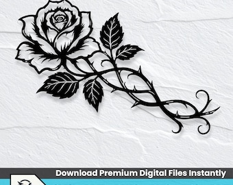 Ros SVG för CNC-plasma, taggvin metallväggkonst DXF, gotisk blomma laserskuren fil, horisontell Glowforge vektor blommig skyltdesign