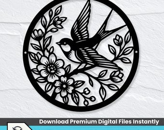 Swallow Bird blommig rund skylt SVG, CNC Plasma Metal Art DXF (digital nedladdning)