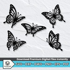 Könnte beinhalten: Fünf schwarze Schmetterlingssilhouetten mit komplizierten ausgeschnittenen Flügelmustern auf weißem Hintergrund. Der untere Bereich enthält ein Logo und den Text: Download Premium Digital Files Instantly SVG - DXF - DWG - PNG - EPS - PDF.