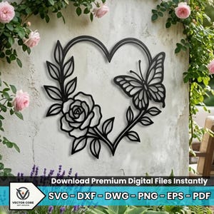 Rose Heart Butterfly Metal Wall Art SVG, bloemen DXF lasergesneden bestand (digitale download)