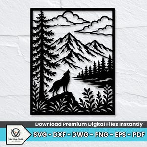 May include: A black laser-cut metal wall art panel featuring a silhouette of a wolf howling on a rocky outcrop. The scene includes a large pine tree in the foreground, a mountain range in the distance, a lake, and clouds in the sky.