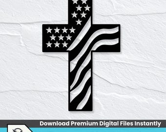 Patriotiskt kors amerikansk flagga SVG, kristen metallväggkonst DXF (digital nedladdning)
