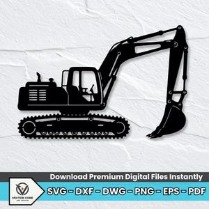 May include: A black silhouette graphic of a construction excavator featuring a tracked undercarriage, a main cabin with a visible seat and control lever, and an articulated hydraulic arm with a large digging bucket extended forward.