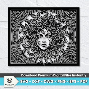 May include: A black laser-cut design featuring a central face surrounded by intricate snakes and roses within a circular frame, enclosed in a rectangular border with decorative corner patterns. Text at the bottom reads: Download Premium Digital Files Instantly SVG - DXF - DWG - PNG - EPS - PDF.