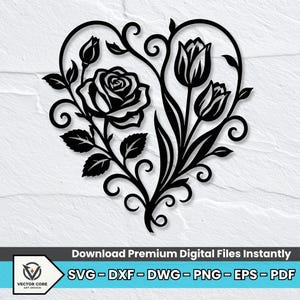Tulipe Rose coeur métal Wall Art SVG, fichier floral découpé au laser DXF (téléchargement numérique)