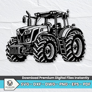 Pode incluir: Uma ilustração gráfica em preto e branco de um trator agrícola com pneus grandes, uma cabine com volante, um tubo de escape e espelhos laterais. O design é apresentado como um arquivo digital para corte ou impressão.