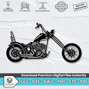 May include: A black silhouette graphic of a chopper motorcycle featuring a long front fork, spoked wheels, and a high sissy bar. The design includes icons for laser cutting, print machine, and engraving machine, with text reading Instant Download.
