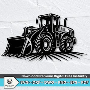 May include: A black and white graphic illustration of a heavy-duty front-end loader tractor. The design features a detailed construction vehicle with large treaded tires, a front bucket, and a cab, presented as a clean vector-style silhouette.