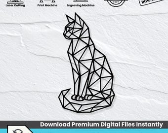 Geometrisk katt SVG, minimalistisk metallväggkonst DXF, laserskuren kattungeskylt (digital nedladdning)