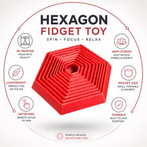 Pode incluir: Um brinquedo fidget hexagonal vermelho com o texto "HEXAGON FIDGET TOY" e "SPIN • FOCUS • RELAX". O brinquedo é impresso em 3D, leve, de bolso e projetado para aliviar o estresse e a ansiedade. É durável e satisfatório de girar.