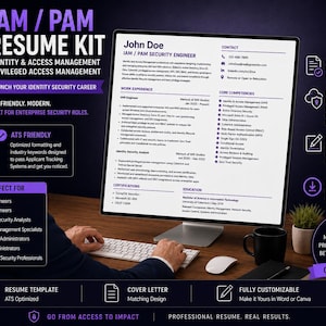 Peut inclure: Un écran d'ordinateur affiche un modèle de CV IAM / PAM pour la gestion des identités et des accès et la gestion des accès privilégiés. L'image contient du texte tel que "ATS Friendly" et "Get Hired." Un homme est assis devant l'ordinateur.