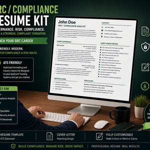 May include: A computer screen displays a resume template for GRC/Compliance roles. The design includes the text "GRC/COMPLIANCE RESUME KIT" and "Launch Your GRC Career." The resume is ATS friendly and optimized for industry keywords. The image also includes a keyboard, mouse, and a coffee mug.