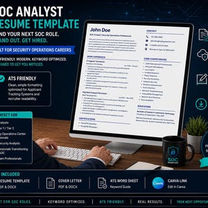 May include: A computer screen displays a SOC Analyst resume template with the text "SOC Analyst Resume Template." The image includes a keyboard, a mug with a logo, and a plant. The template is designed for security operations careers.