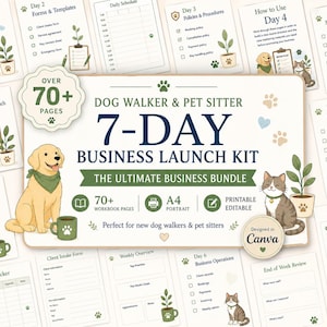 Könnte beinhalten: Ein 7-Tage-Business-Launch-Kit für Hundegänger und Tiersitter. Das Kit enthält über 70 Seiten mit Arbeitsbuchseiten, druckbaren und bearbeitbaren Vorlagen und einen Tagesplan. Das Design zeigt Illustrationen eines Golden Retrievers, einer Katze und Pfotenabdrücken.