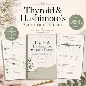 Puede incluir: Un diario digital de seguimiento de síntomas de tiroides y Hashimoto en tonos verde salvia y blanco. La portada presenta una ilustración de mariposa y texto. Incluye páginas para un registro diario y un resumen semanal con gráficos.